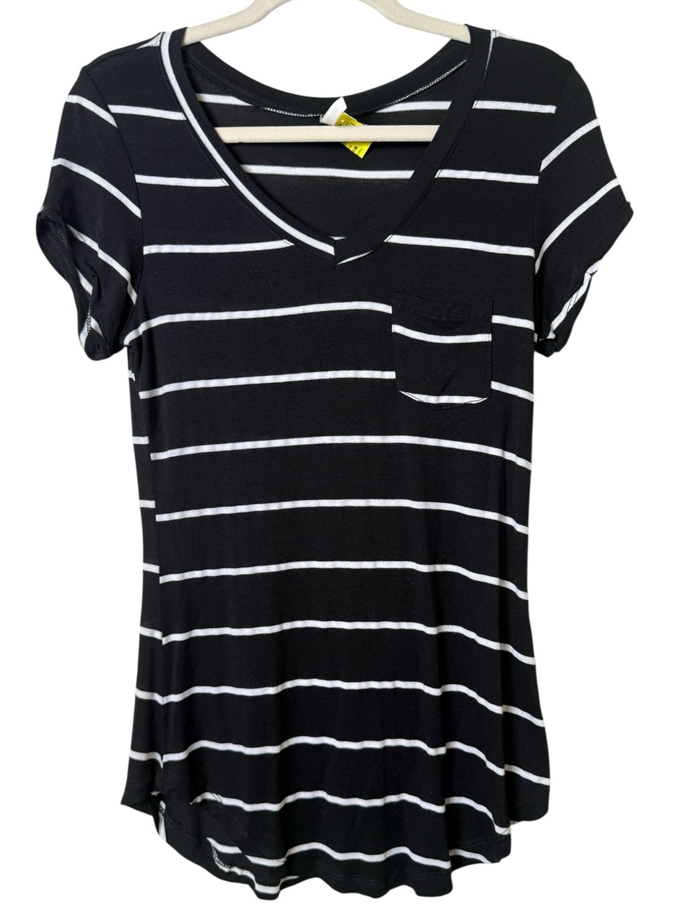 DNA couture Medium Black & White Striped V-Neck Pocket Tee
